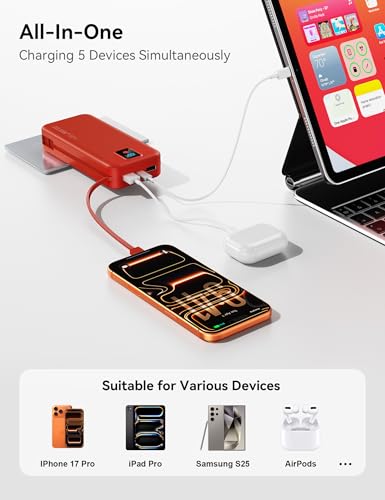Portable Charger 20000mAh 22.5W w/Built-in Cable & Wall Plug Red - color: Ruby