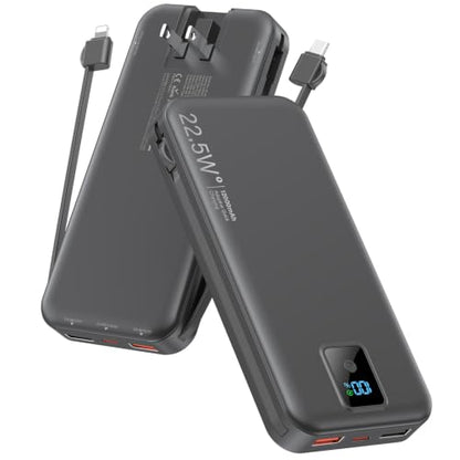 Portable Charger 12000mAh 22.5W w/Built-in Cable & Wall Plug Black - color: Black