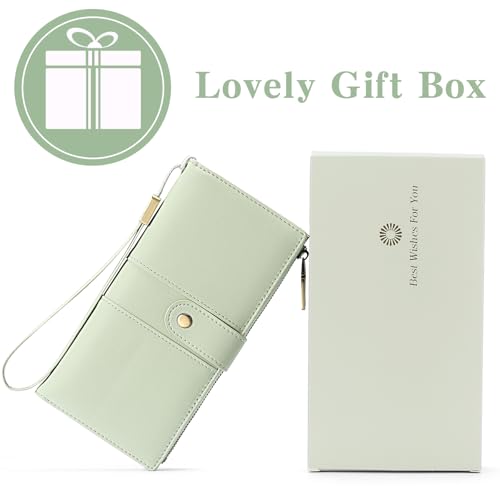 GAEKEAO Wallets for Women Leather RFID Blocking Large Capacity Card Case Ladies Wristlet Clutch Wallets Zipper Pocket with 4 ID Windows 20 Card Slots - color: Light Green