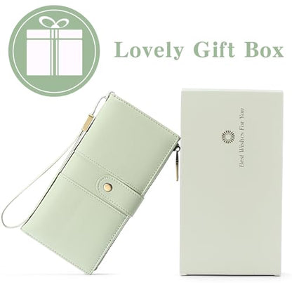 GAEKEAO Wallets for Women Leather RFID Blocking Large Capacity Card Case Ladies Wristlet Clutch Wallets Zipper Pocket with 4 ID Windows 20 Card Slots - color: Light Green