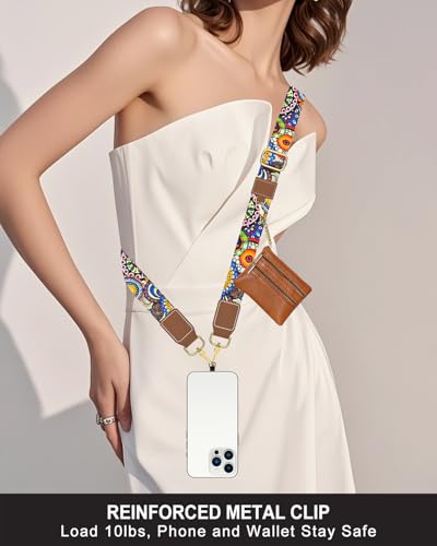 Nipichsha Crossbody Phone Strap with Wallet, Clip and Go Strap for Phone - color: Bohemian Sun