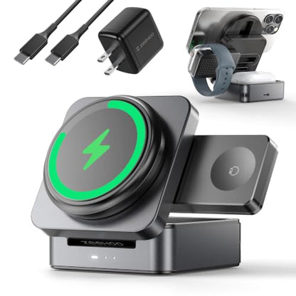 ZEEHOO 3-in-1 Foldable Magnetic Wireless Charging Station, 15W Travel Charger Stand Dock for iPhone 17/16/15/14/13/12 Series, Apple Watch, AirPods (30W Adapter Included) - color: Gray
