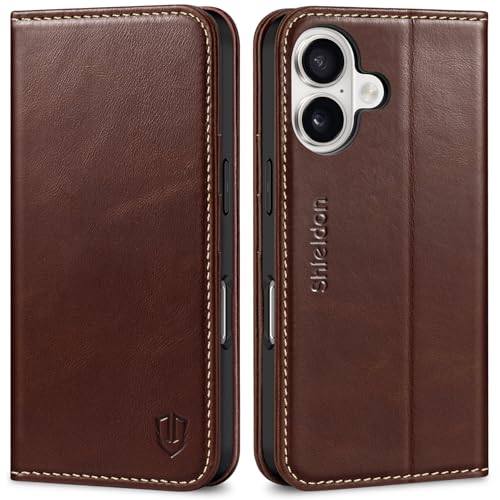 SHIELDON Real Leather Magnetic Case Wallet for iPhone 17 6.3", Retro Coffee | Flip Magnetic Cover, Kickstand, RFID Blocking, 3 Credit Card Holder, Book Design, Shockproof, Soft Inner Phone Case - color: Retro Coffee