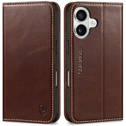 SHIELDON Real Leather Magnetic Case Wallet for iPhone 17 6.3", Retro Coffee | Flip Magnetic Cover, Kickstand, RFID Blocking, 3 Credit Card Holder, Book Design, Shockproof, Soft Inner Phone Case - color: Retro Coffee