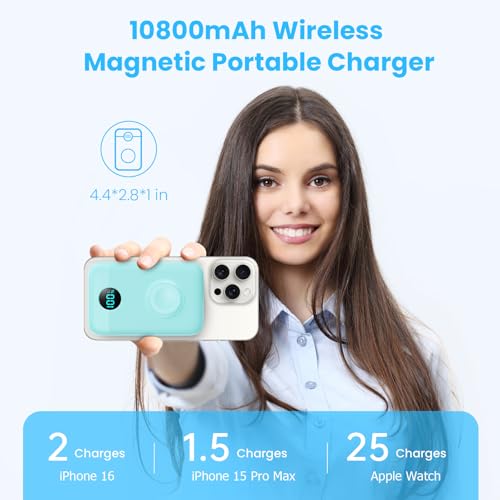 Magnetic Portable Charger 10800mAh,4-in-1 Wireless Power Bank with iWatch Charger, QC4.0+20W PD Fast Charging USB C Battery Pack with LCD Display for Magsafe,iPhone 17/16/15/14/13/12 Series,Green - color: Green