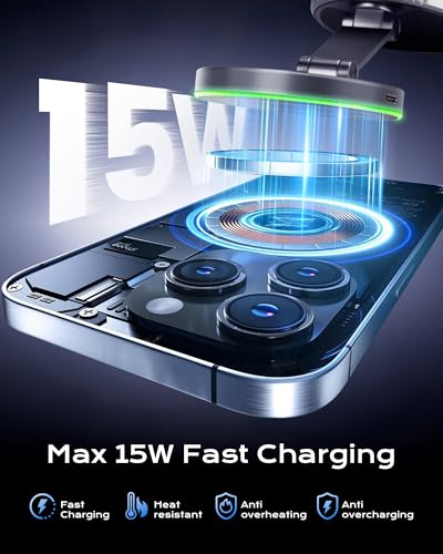 MagSafe Car Charger Mount, 15W Fast Wireless Charging Phone Holder, 108LB Vacuum Suction Cup & 3800gf Strong Magnet, 360° Adjustable Dashboard Windshield Mount for iPhone 17 Pro Max/17 Air/16-12