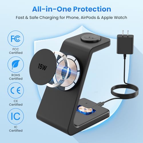 15W Charging Station for iPhone 17: JoyGeek 3-in-1 Fast Wireless & Magnetic Charger for Magsafe, iPhone 17-12, Apple Watch Ultra 2-11 & AirPods 2-4, Includes 30W PD Adapter - color: Matte Black