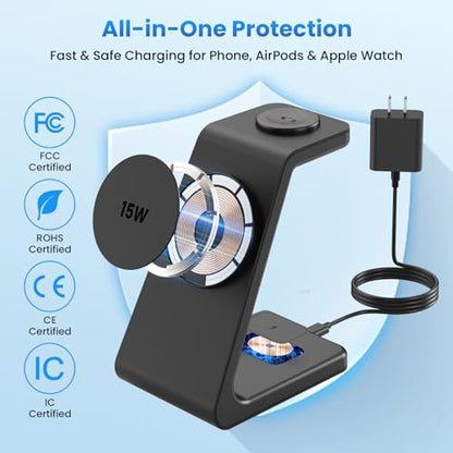 15W Charging Station for iPhone 17: JoyGeek 3-in-1 Fast Wireless & Magnetic Charger for Magsafe, iPhone 17-12, Apple Watch Ultra 2-11 & AirPods 2-4, Includes 30W PD Adapter - color: Matte Black