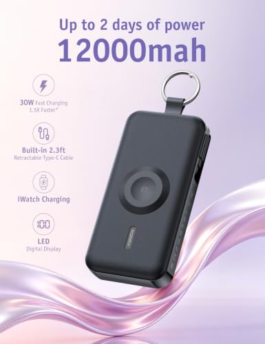 RORRY CharmGo Portable Charger 3 in 1 iPhone Power Bank for Apple 12000mAh - color: Black