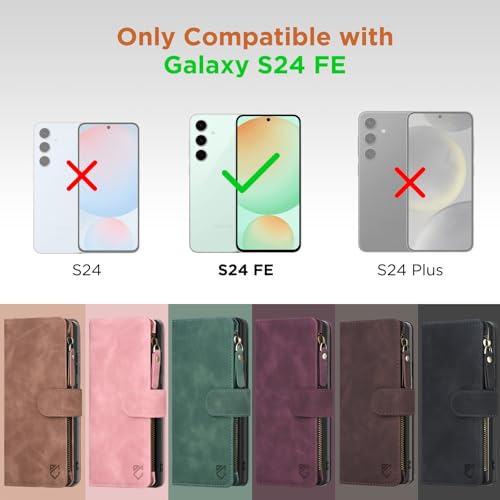 for Samsung Galaxy S24-FE-Wallet Case: with RFID Blocking Card Slots (6 Cards) | Soft PU Leather Magnetic Snap Zipper Pocket | Crossbody Wrist Strap Protective Phone Cover - Brown - color: A Brown, size: Galaxy S24 FE（6.7‘’）