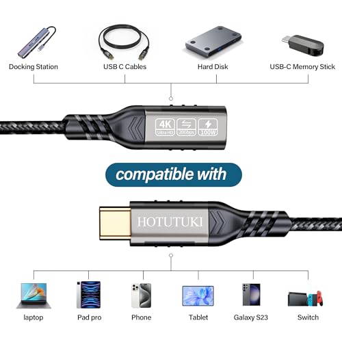 USB-C Extension Cable 16.5ft/5M, Male to Female Extender, Braided Data Cord, 100W PD Fast Charging, 20 Gbps - size: 16.5 ft