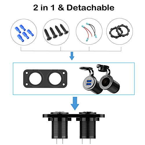 QC 3.0 USB Outlet 12V Boat Marine Waterproof Cigarette Lighter Socket Splitter 12 Volt DC Power Charger Adapter DIY Kit with Blue LED Dual USB Ports for Rocker Switch Panel on Car RV Golf Cart ATV