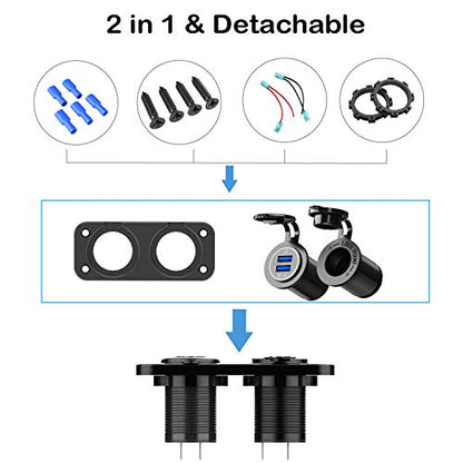 QC 3.0 USB Outlet 12V Boat Marine Waterproof Cigarette Lighter Socket Splitter 12 Volt DC Power Charger Adapter DIY Kit with Blue LED Dual USB Ports for Rocker Switch Panel on Car RV Golf Cart ATV