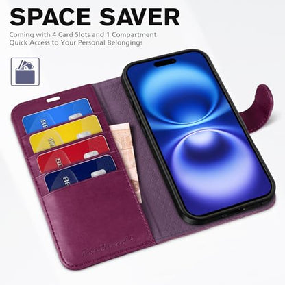 TUCCH Wallet Case for iPhone 16 (6.1") 2024, 4 Card Slots, Plum Purple | RFID Blocking, Viewing Stand, Shockproof TPU Shell, PU Leather, Magnetic Closure, Protective Folio Flip Cover - color: Plum Purple