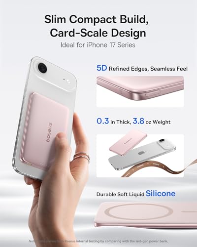 Baseus Picogo Power Bank, 0.3" Ultra Slim 5000mAh MagSafe Battery Pack, Upgraded Polished Alloy Magnetic Portable Charger, Wireless Charger with USB-C Cable for iPhone 17 Pro Max/17 Air/16/15/14/13/12 - color: Polished Nebula Pink