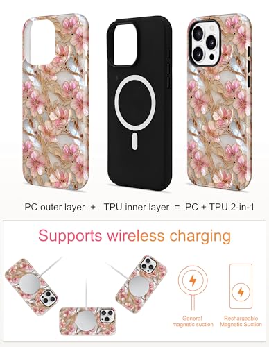 Magnetic Flower Phone Case for iPhone 15, Pink White | Compatible with MagSafe, Cute Stained Glass Peach Floral Aesthetic, TPU and PC Protective Phone Cover for Women Girls - color: Pink White Peach