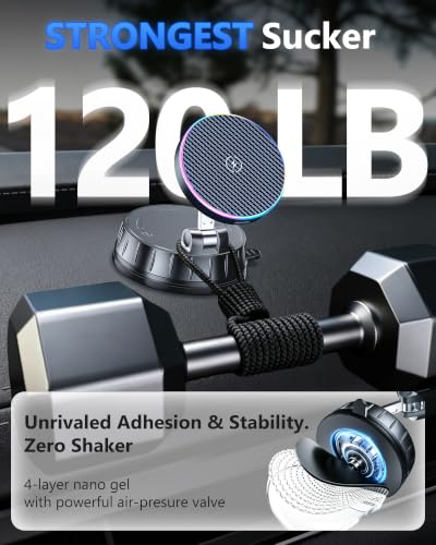 15W MagSafe Car Charger Mount, Magnetic Wireless Car Phone Holder with Dual Input Port, Vacuum Suction & Nano Adhesive Base, 360° Rotation Stable Car Charging Stand for iPhone 12-17, Samsung S26