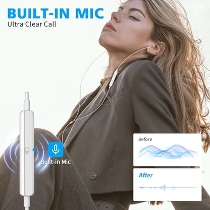 USB C Earbuds Wired for iPad/iPhone 18 Pro Max Duo 17 Air Plus, Silver - color: Silver