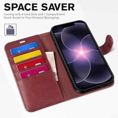 TUCCH Wallet Case for iPhone 17e & 16e (6.1"), 4 Card Slots, Dark Red | RFID Blocking, Viewing Stand, Shockproof TPU Shell, PU Leather, Magnetic Closure, Protective Folio Flip Cover - color: Dark Red