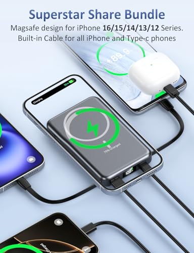 Magnetic Portable Charger 10000mAh, 20W Power Bank with Built in Cable | 20W Fast Charging for Magsafe Battery Pack with LED Display, Travel Essential for iPhone 17/16/15/14/13/12 Pro/Pro Max-Black - color: Black