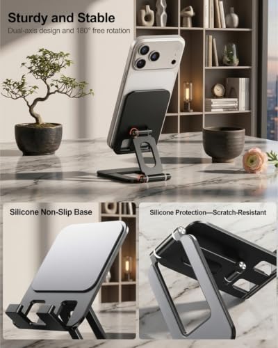 Adjustable Foldable Phone Stand for Desk, Premium Aluminum Cell Phone Holder, Portable Multi-Angle Desktop Stand Compatible with iPhone, Galaxy, iPad, Tablets & All Smartphones