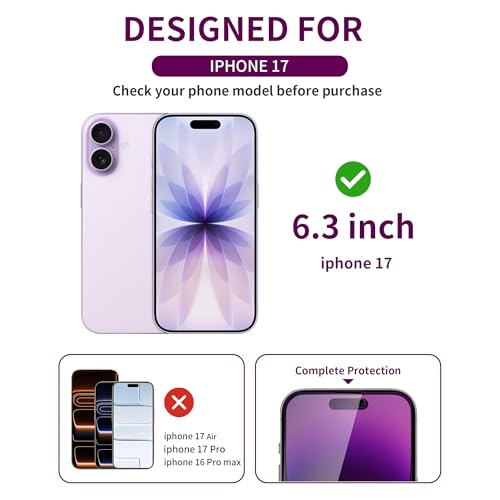 2 Pack Privacy Screen Protector for iPhone 17 Tempered Glass 6.3'' Private Saver Anti-Spy Eye Protection Anti-Scratch Full Coverage No Bubble