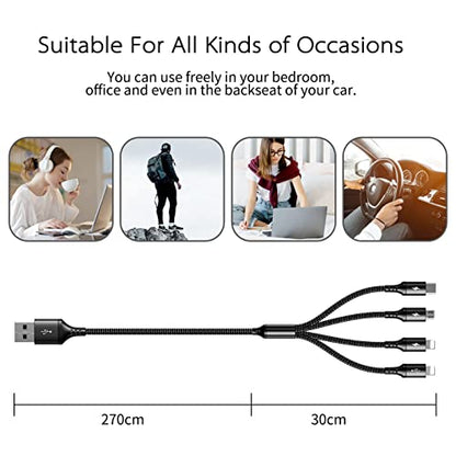 Multi USB Charger Cable 2Pack [4A,10ft ] 4 in 1 USB Fast Charging Cable with IP/Type C/Micro USB Ports Adapter for Phone 17/16/15/14/13/12/11/X/8/7/6/Samsung/Pixel/HTC/LG/Huawei/Sony/Tablets.