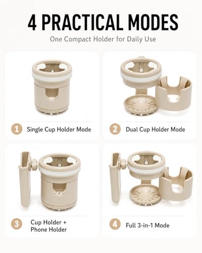 3-in-1 Stroller Cup Holder with Phone Holder, Dual Cup Holder with Upgraded Double Clamp, Universal Cup Holder for Stroller, Walker, Wheelchair & Bike, Anti-Spill Stable Drink Organizer (Khaki)