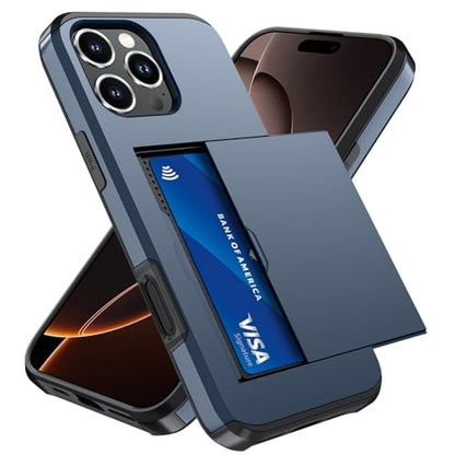 Qinmay Compatible with iPhone 16 Pro Case with Card Holder, Dual Layer Shockproof,Heavy Duty Protective Hidden Slot Slim Wallet Phone Cover，Blue - color: Blue, size: for iPhone 16 Pro