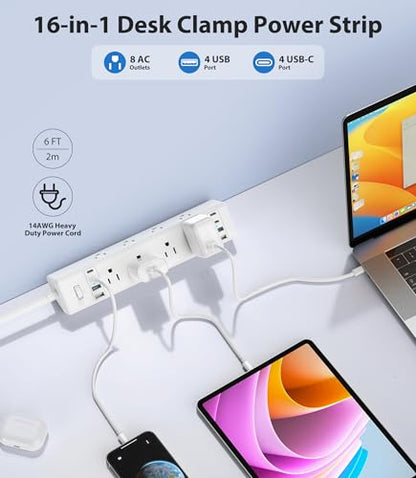 Jgstkcity Desk Clamp Power Strip 40W USB C,8 Outlets,8 USB,6FT,White - color: White, size: 6FT Length