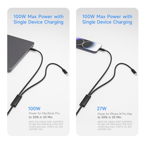 2 in 1 USB C to USB C/Lightning Cable 100W Max 6FT 1Pack,Multi Cable Simultaneous Fast Charging Compatible with MacBook Air/Pro/iPad/iPhone 17/16/15/14/13/12/11 Series,Galaxy S26/S25/24 Series/Pixel - color: Black, size: 6FT