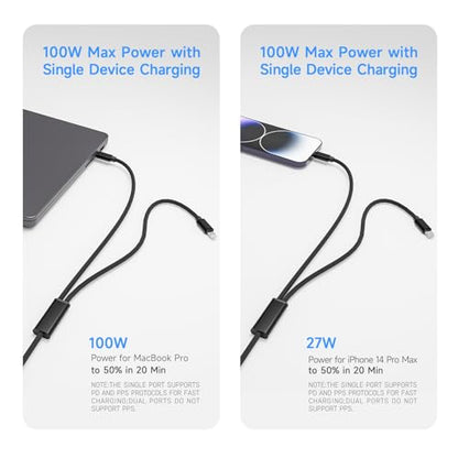 2 in 1 USB C to USB C/Lightning Cable 100W Max 6FT 1Pack,Multi Cable Simultaneous Fast Charging Compatible with MacBook Air/Pro/iPad/iPhone 17/16/15/14/13/12/11 Series,Galaxy S26/S25/24 Series/Pixel - color: Black, size: 6FT