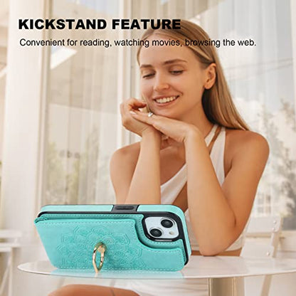 HAOPINSH for iPhone 13/ iPhone 14 Wallet Case with Card Holder, 360°Rotation Ring Kickstand, Green Mandala Pattern, RFID Blocking Leather for Girls Women, Double Buttons Flip Protective Cover 6.1" - color: Green Mandala