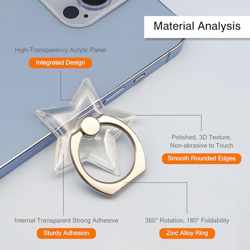 [2 Pack] Transparent Finger Ring Cell Phone Ring Holder Stand,360 Degree Rotation and 180 Degree Adjustable Finger Ring Kickstand with Polished Electroplated Phone Grip-Pentagram