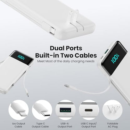 Portable Charger with Built-in AC Plug and Cables,13800mAh All in One USB C Fast Charging Power Bank,Travel Essentials Portable Phone Charger Battery Pack for iPhone 17/16/15/14,Galaxy,Android-White - color: White