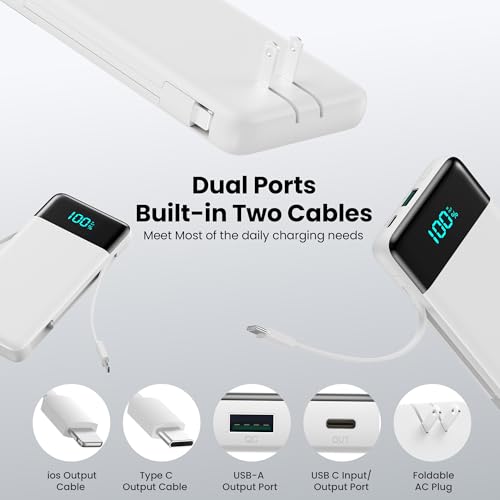 Portable Charger with Built-in AC Plug and Cables,13800mAh All in One USB C Fast Charging Power Bank,Travel Essentials Portable Phone Charger Battery Pack for iPhone 17/16/15/14,Galaxy,Android-White - color: White