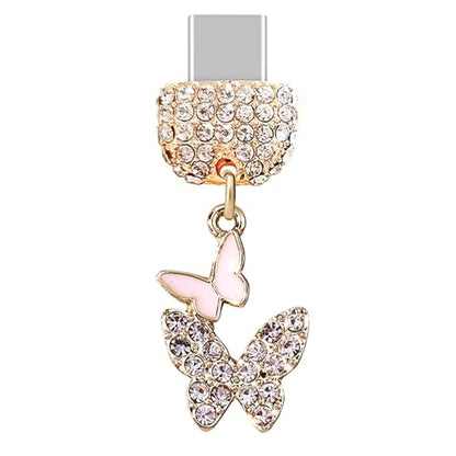 ELISE & FONDA TP273 Type-C USB Charging Port Crystal Anti Dust Plug Little Double Butterflies Cell Phone Charm for Samsung/OnePlus/Xiaomi/oppo Android Phone iPhone 15/16