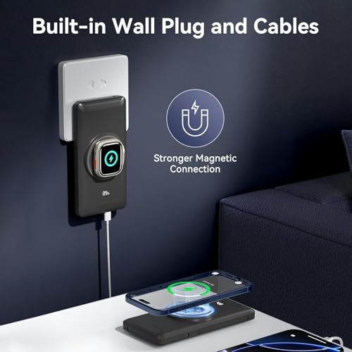 Magnetic 10000mAh Portable Charger for iWatch & iPhone, PD Fast Charging Wireless Power Bank Built-in Cables and Wall Plug, External Travel Battery Pack Compatible with iOS Android Phones - color: Black