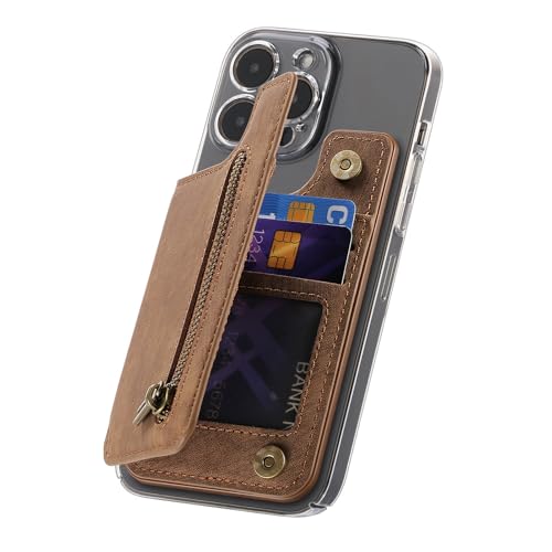 Wallet Stick on Phone Case, Credit Card Holder for Back of Phone Cases Retro Flip Leather Zipper Sleeve Pouch Compatible with iPhone, Samsung Galaxy Android Most Smartphones Brown - color: Brown