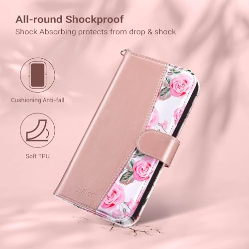 ULAK Compatible with iPhone 15 Pro Wallet Case with Card Holder, Rose Gold | [RFID Blocking] Flower Flip Case Wallet for Women Girls PU Leather Kickstand Wrist Strap Shockproof Cover 6.1 inch - color: Rose Gold, size: iPhone 15 Pro - 6.1 inch