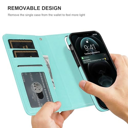 Bocasal Detachable Wallet Case Card Holder for iPhone 12/12 Pro, Light Blue | Kickstand Card Slots Holder PU Leather Magnetic Shockproof Wrist Strap Removable Flip Protective Cover 6.1 inch - color: Light Blue