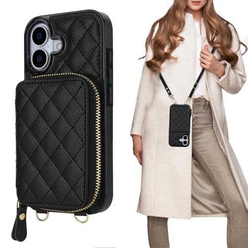 Bocasal Crossbody Wallet Case Card Holder for iPhone 17, Black | RFID Blocking PU Leather Zipper Handbag Purse, Kickstand Flip Folio Case with Card Slots Holder Wrist Strap Lanyard 6.3 Inch - color: Black