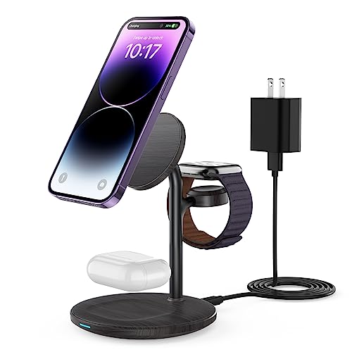 3 in 1 Magnetic Wireless Charging Station for Apple Devices,15W for Magsafe - color: Black Woodgrain