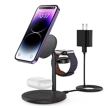 3 in 1 Magnetic Wireless Charging Station for Apple Devices,15W for Magsafe - color: Black Woodgrain