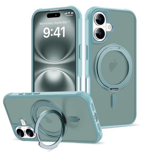 for iPhone 16 Case with 360° Rotatable Magnetic Ring Stand [Compatible Mag-Safe] [Military Grade Protection] Translucent Matte Phone Cases for Women Men 6.1'', Green - color: Green, size: Iphone 16
