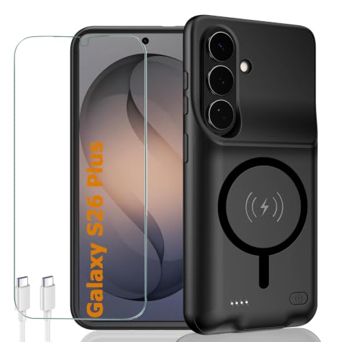 Battery Case for Galaxy S26 Plus,12000mAh Portable Protective Smart Wireless Charging Case Support Carplay Compatible with Galaxy S26 Plus(6.7 inches) Rechargeable Extended Battery Charger Case(Black) - size: Galaxy S26 Plus