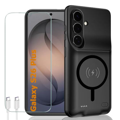 Battery Case for Galaxy S26 Plus,12000mAh Portable Protective Smart Wireless Charging Case Support Carplay Compatible with Galaxy S26 Plus(6.7 inches) Rechargeable Extended Battery Charger Case(Black) - size: Galaxy S26 Plus