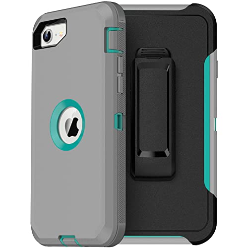 MXX Designed for iPhone SE Case 2020/2022 Heavy Duty Protective Case with Screen Protector [3 Layers] Rugged Rubber Protection Cover & Rotating 360 Degree Belt Clip SE 3rd/2nd Gen (Gray/Light Blue) - color: Gray/Light Blue