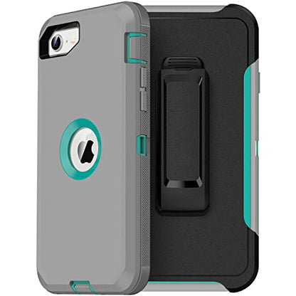 MXX Designed for iPhone SE Case 2020/2022 Heavy Duty Protective Case with Screen Protector [3 Layers] Rugged Rubber Protection Cover & Rotating 360 Degree Belt Clip SE 3rd/2nd Gen (Gray/Light Blue) - color: Gray/Light Blue