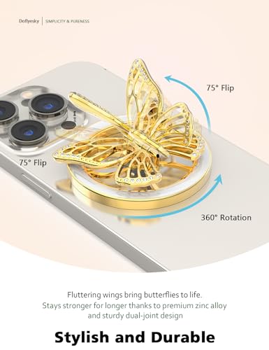 Doflyesky 2025 Upgrade Magnetic Phone Grip Compatible with MagSafe, Butterfly Phone Grip Holder Finger Kickstand for MagSafe, Adapter Ring for Included (Gold Purple)